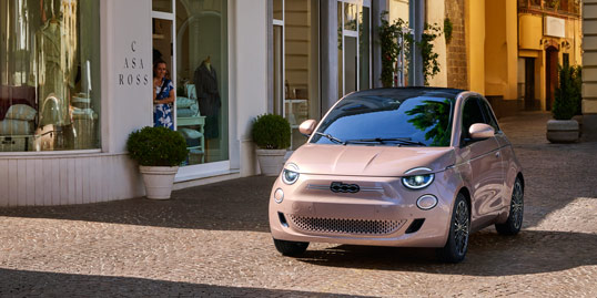 Fiat 500e electric rose gold city car